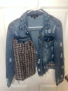 Lea & Viola Blue Distressed Denim Jacket with Tweed Patch